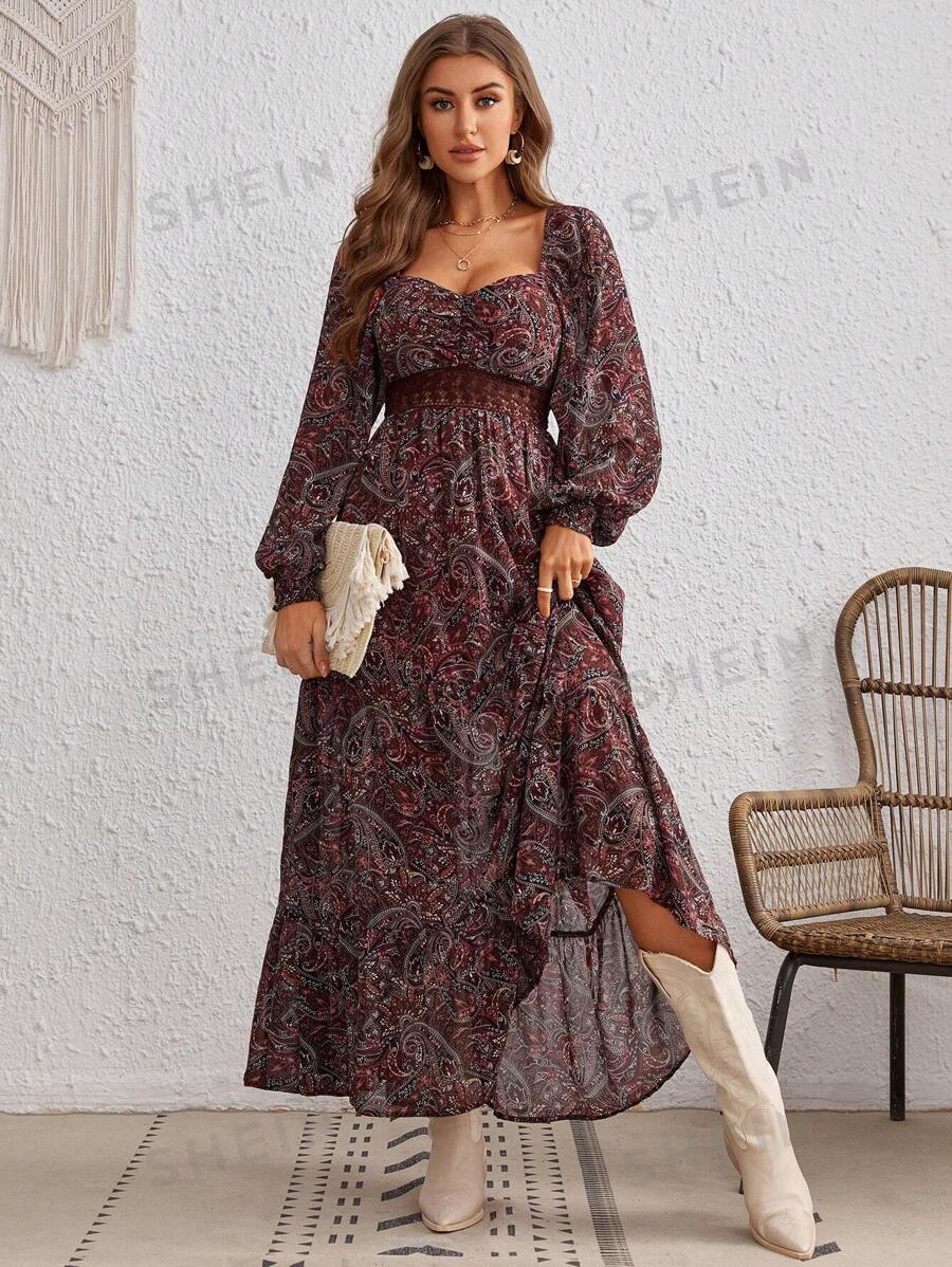 SHEIN VCAY Vestido con estampado de paisley escote corazón de manga farol bajo con fruncido
