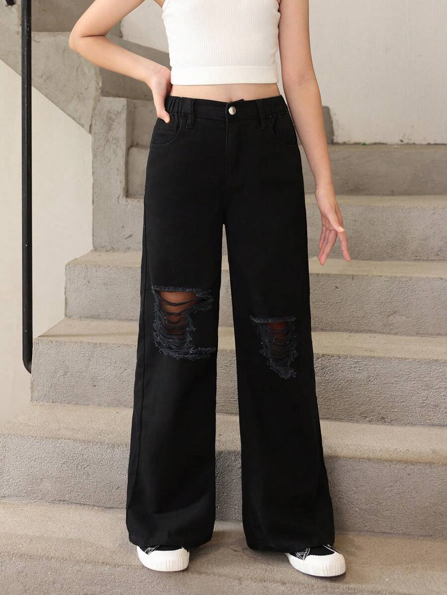 Einfache, vielseitige, verwaschene schwarze Jeans für Teenager