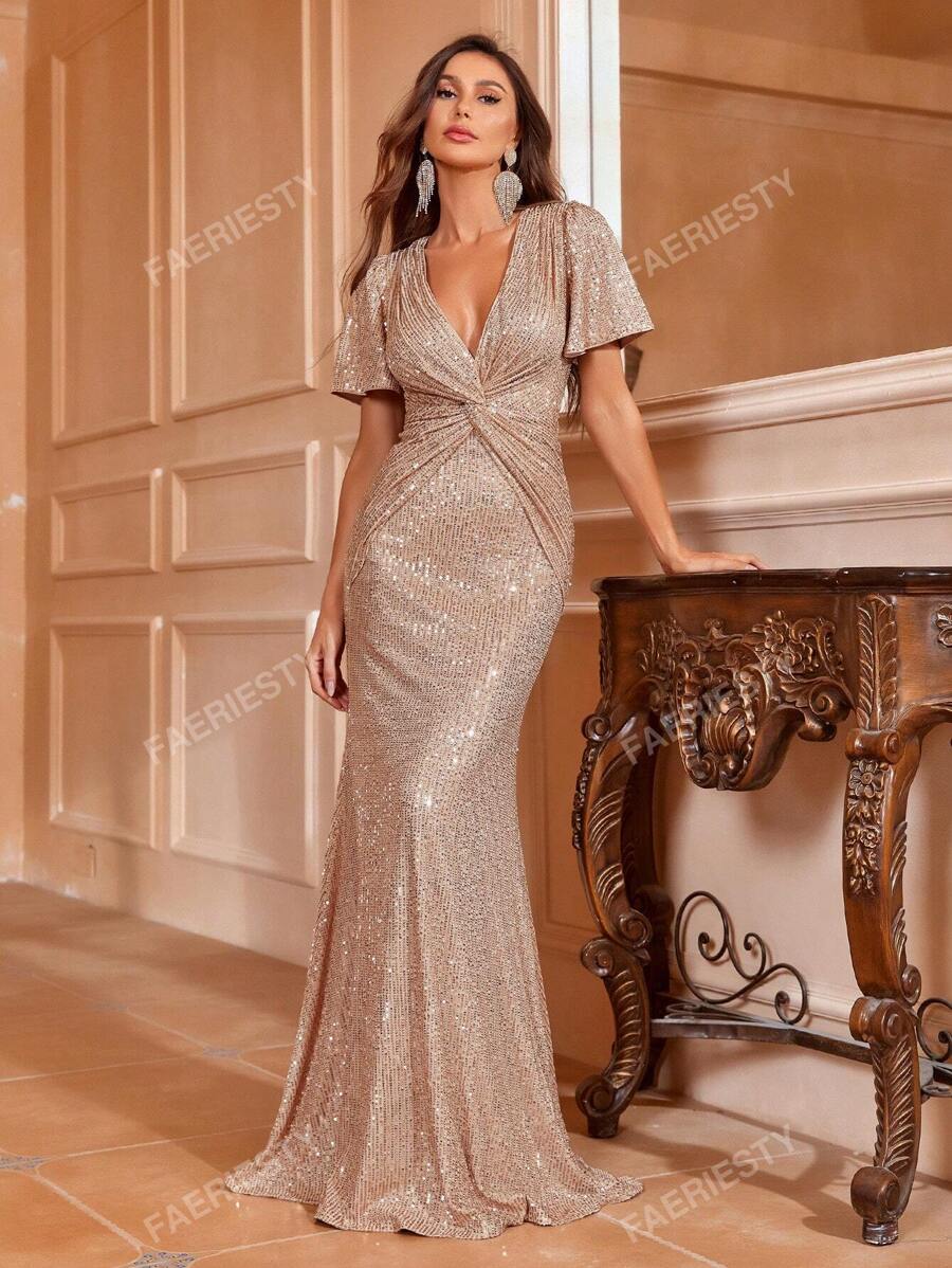 Faeriesty Faeriesty Women's Elegant Deep V-Neck Short-Sleeve Sequined Evening Gown With Twist Waist Detailing & Flared Mermaid Hemline – Perfect For Black-Tie Galas, Red-Carpet Events, Formal Weddings, Opera Nights, Charity Balls, And High-Society Dinners