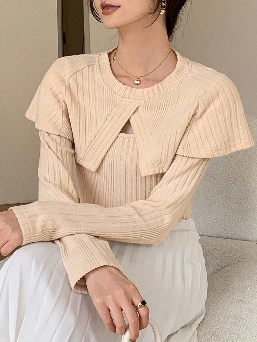 DAZY Solid Ribbed Knit 2 In 1 Tee Long Sleeve Women Tops