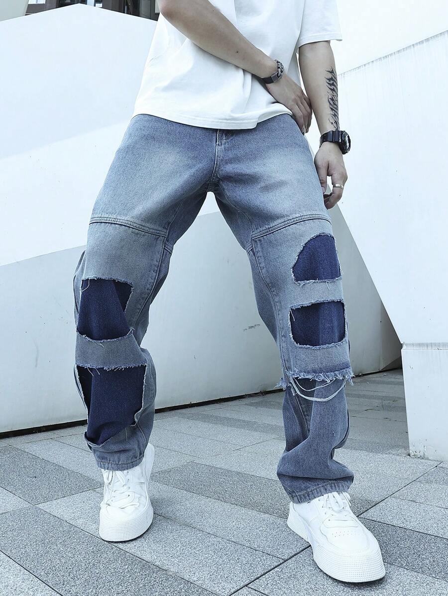 Manfinity EMRG Men Contrast Panel Ripped Straight Leg Jeans