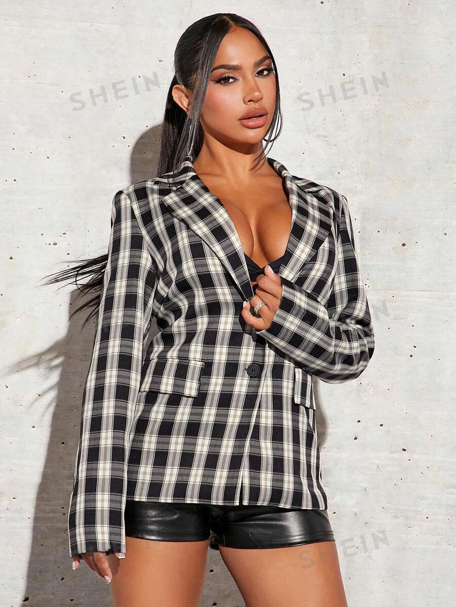 SHEIN SXY Blazer con estampado de cuadros de cuello con solapa