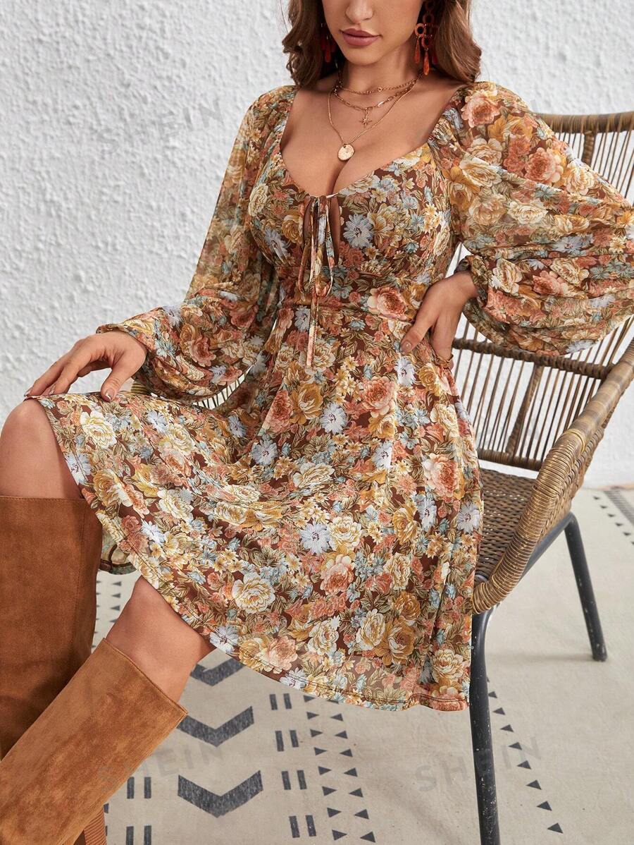 SHEIN VCAY Vestido con estampado floral con nudo delantero de manga farol