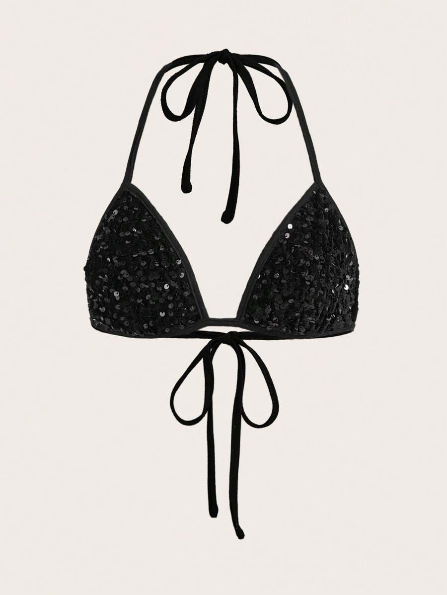 SHEIN ICON Top Ras-Du-Cou À Sequins Dos-Nu À Nœud