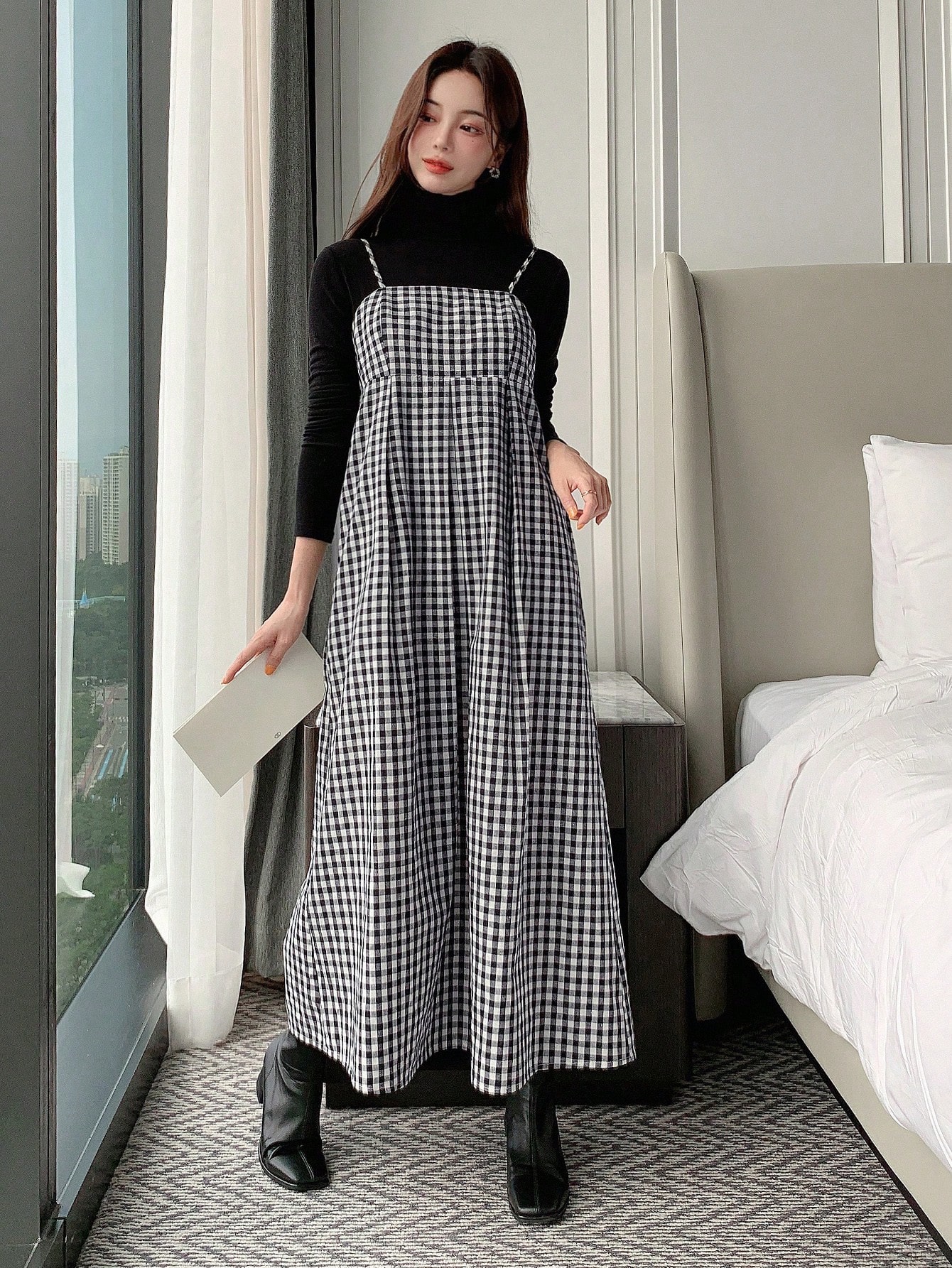 ワンピース overdue flair : 25SS / LOW WAIST CONTRAST MAXI DRESS Black Plisse Dress - One-Shoulder Dress - Plisse OTS Maxi