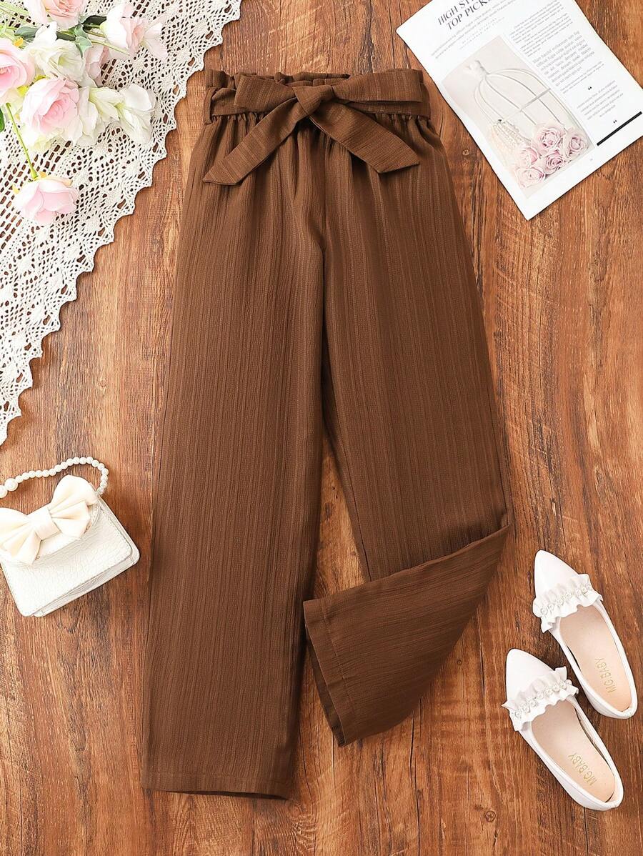 SHEIN Tween Girl Paperbag Waist Belted Wide Leg Pants