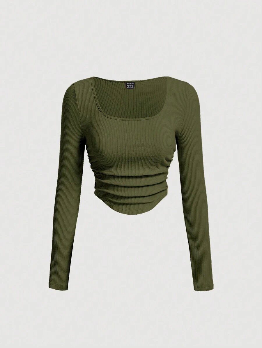 SHEIN MOD Square Neck Ruched Curved Hem Crop Tee