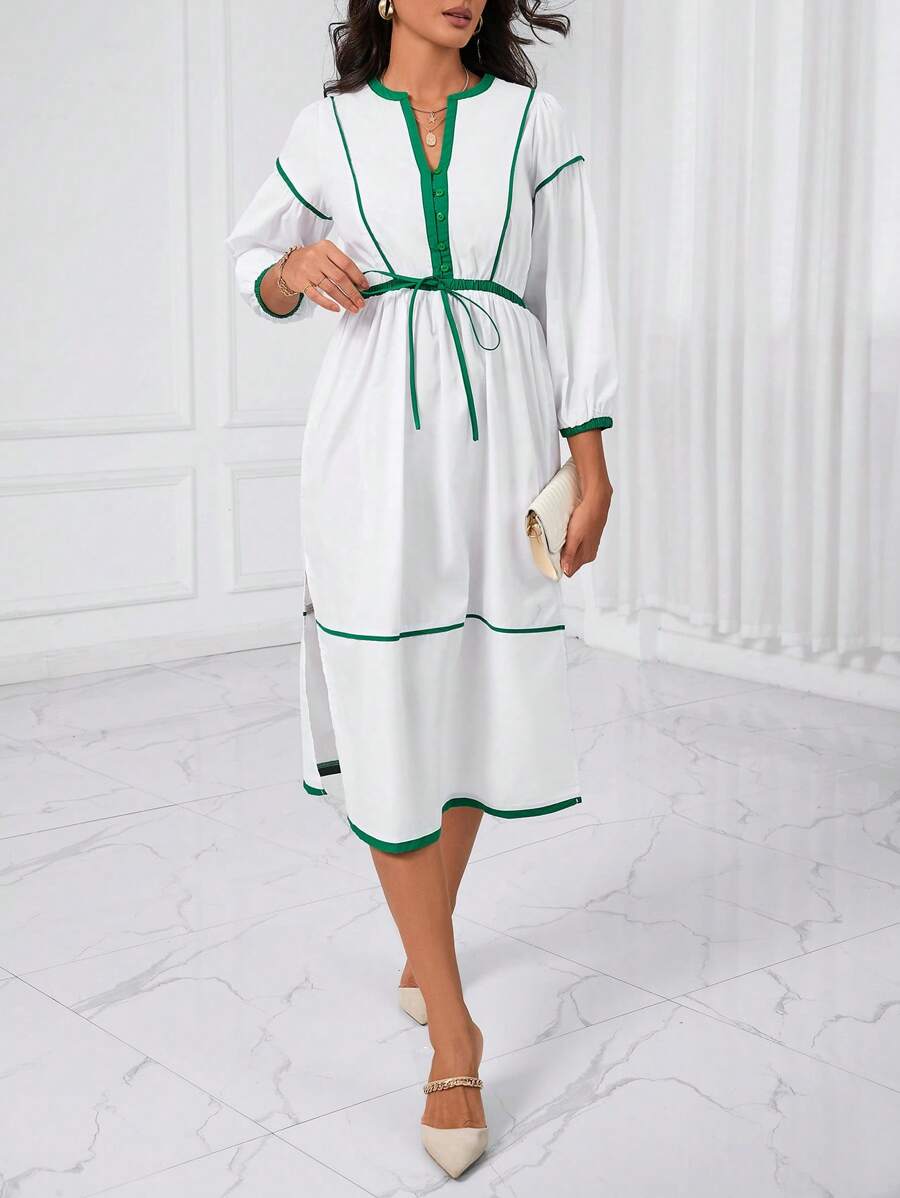 Aveloria Contrast Binding Drawstring Waist Split Thigh Dress