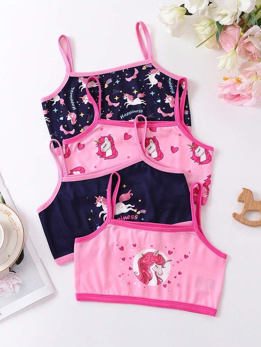 Kleines Mädchen 4 Stücke Einhorn & Stern Muster, Kontrastsaum, Cami Unterwäsche