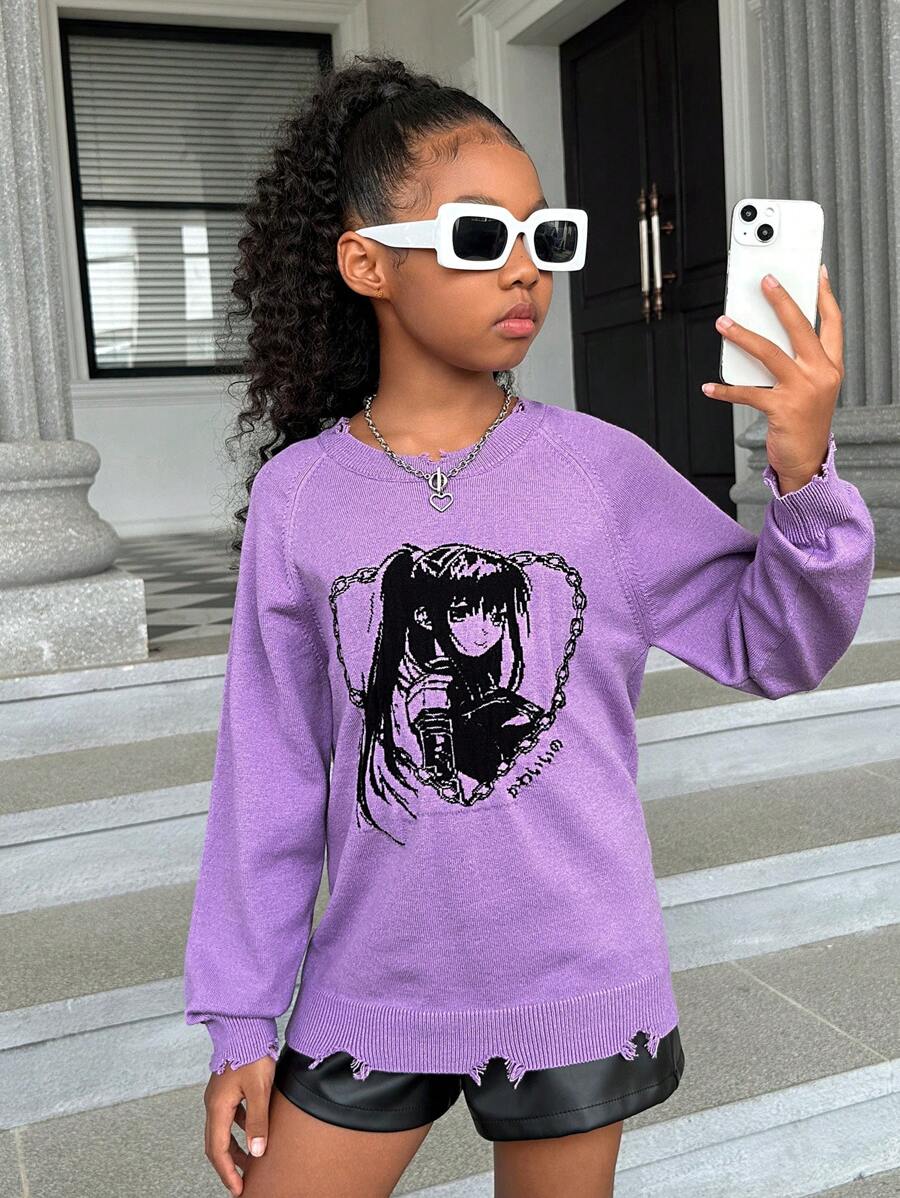 SHEIN Tween Girl Figure Pattern Raglan Sleeve Sweater