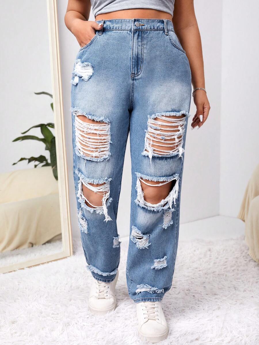 SHEIN ICON Jeans rectos con roturas, modelo novio talla grande