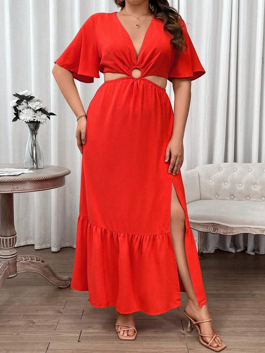 Breezaya Plus Plunging Neck Cut Out Waist Split Thigh Dress