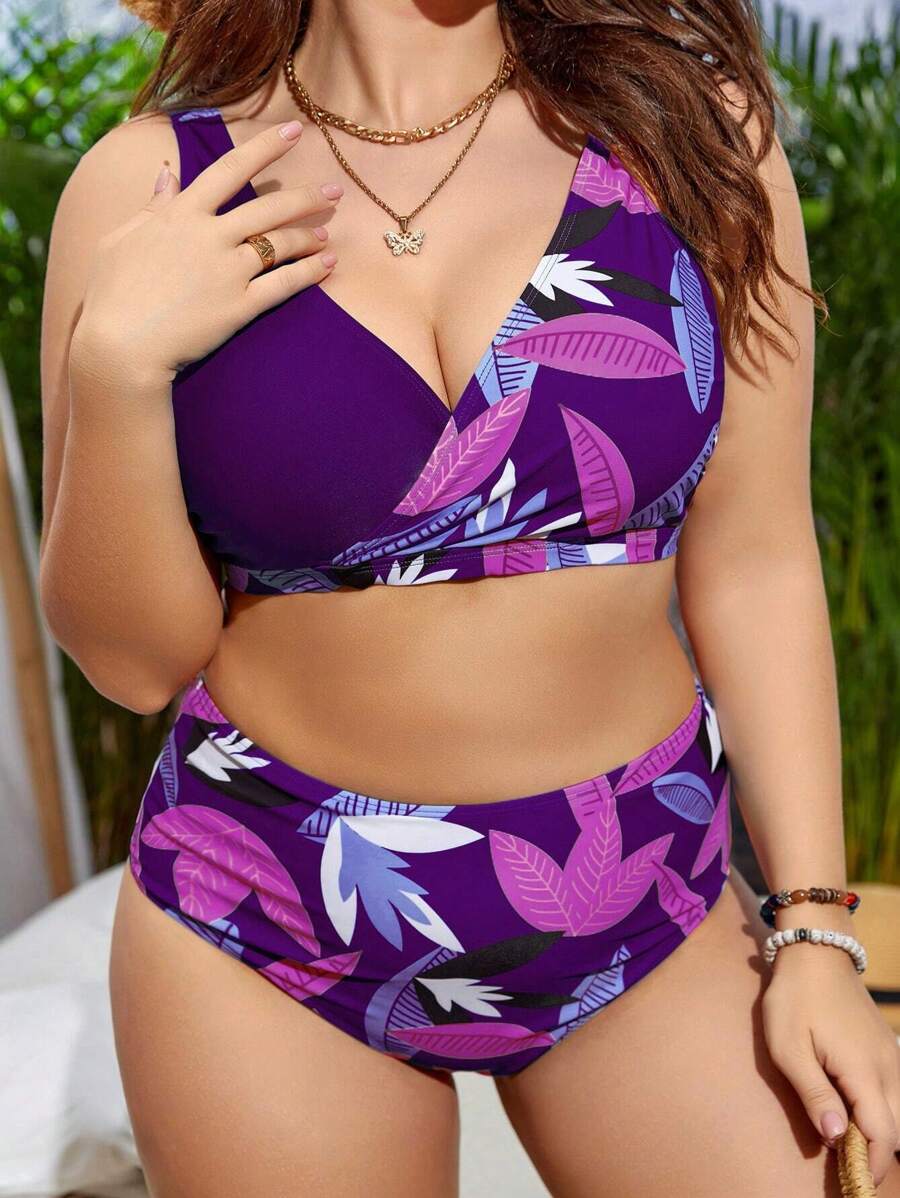 Swim Lushoire Summer Beach Plus Plants Print High Waist Bikini Set