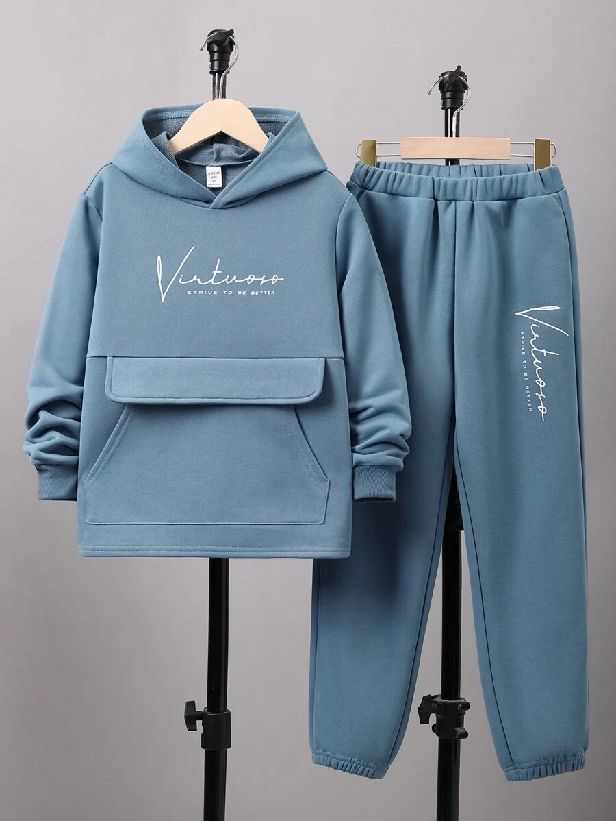 SHEIN Chico preadolescente Pantalones deportivos con capucha con estampado de slogan con bolsillo de canguro