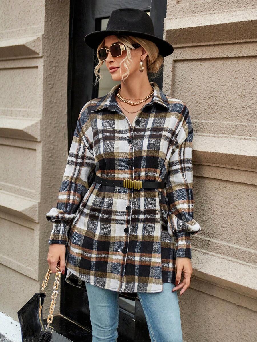 Aveloria Plaid Print Drop Shoulder High Low Hem Coat Without Belt