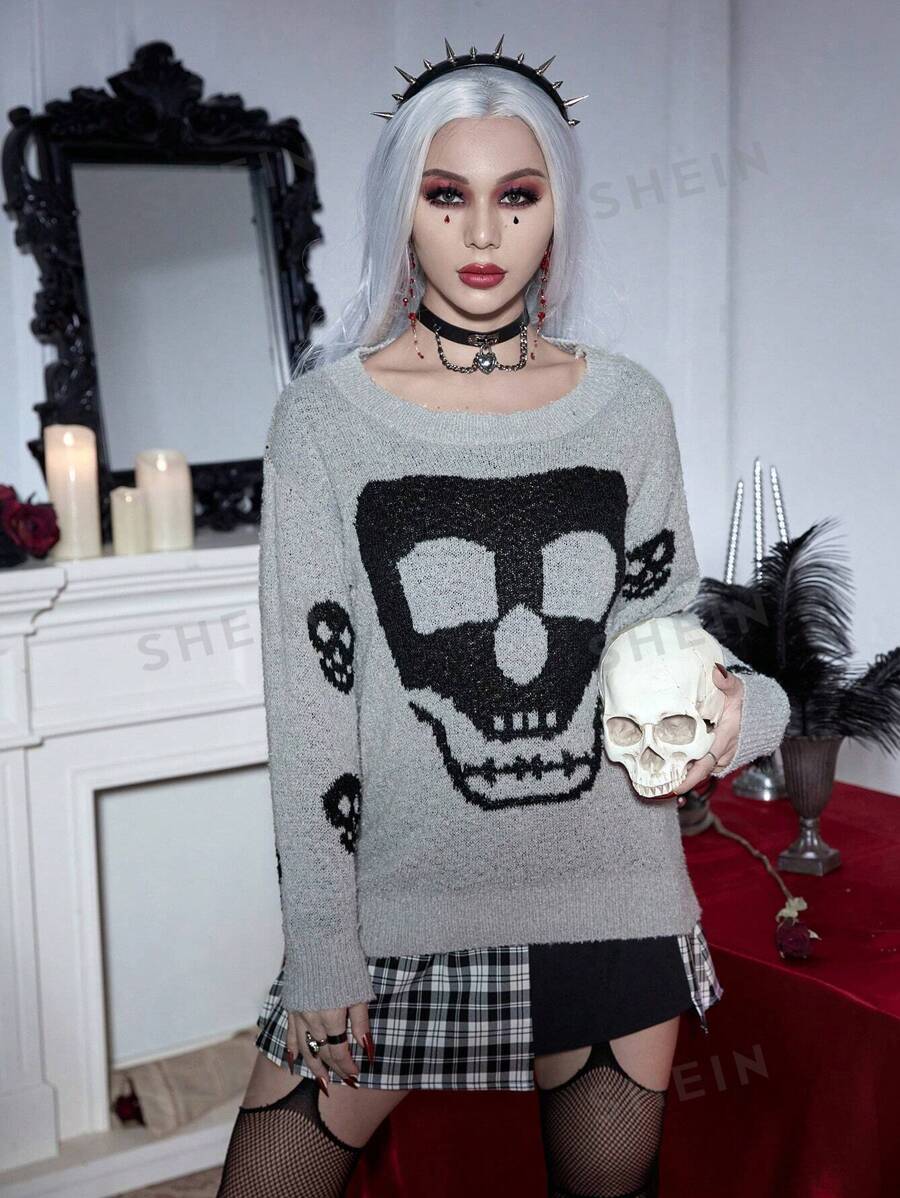 PUNK Jersey Halloween con patrón de cráneo de hombros caídos