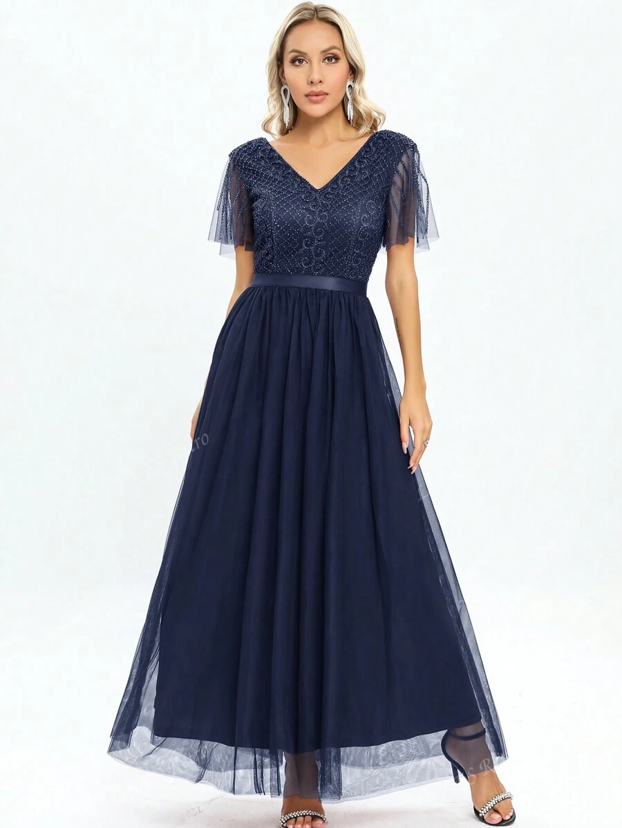 Contrast Sequin V Neck Mesh Formal Dress