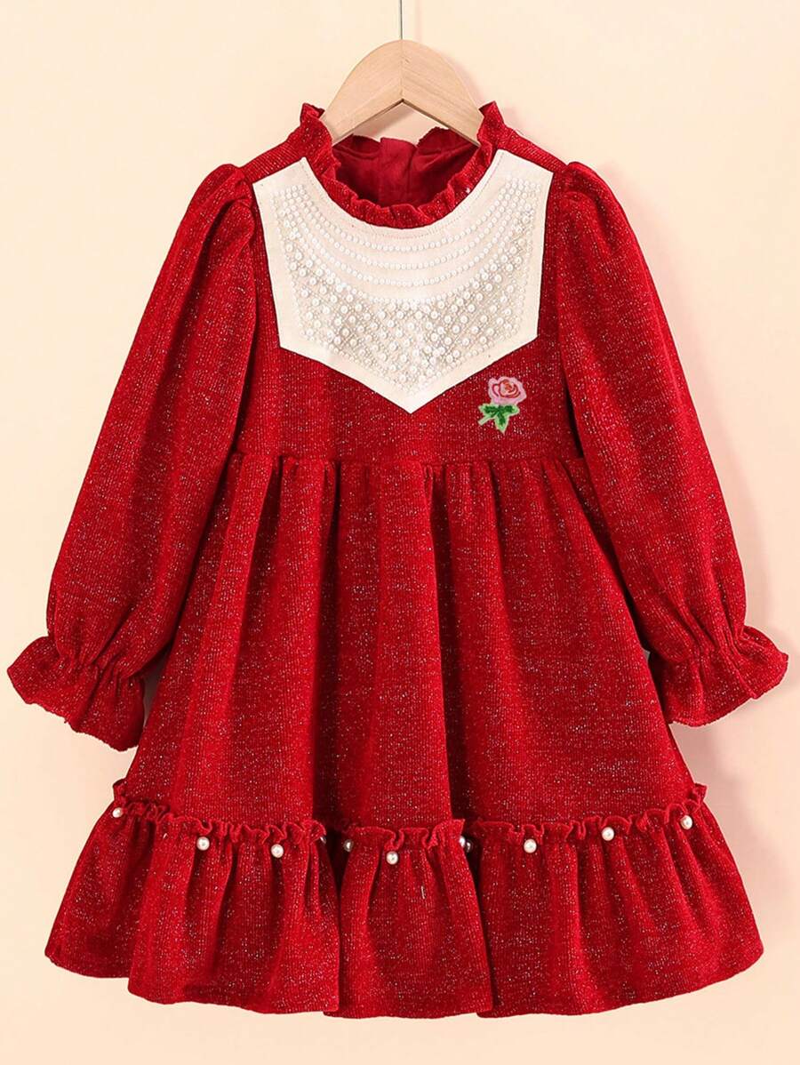 Tween Girl Floral Embroidery Flare Sleeve Ruffle Hem Dress