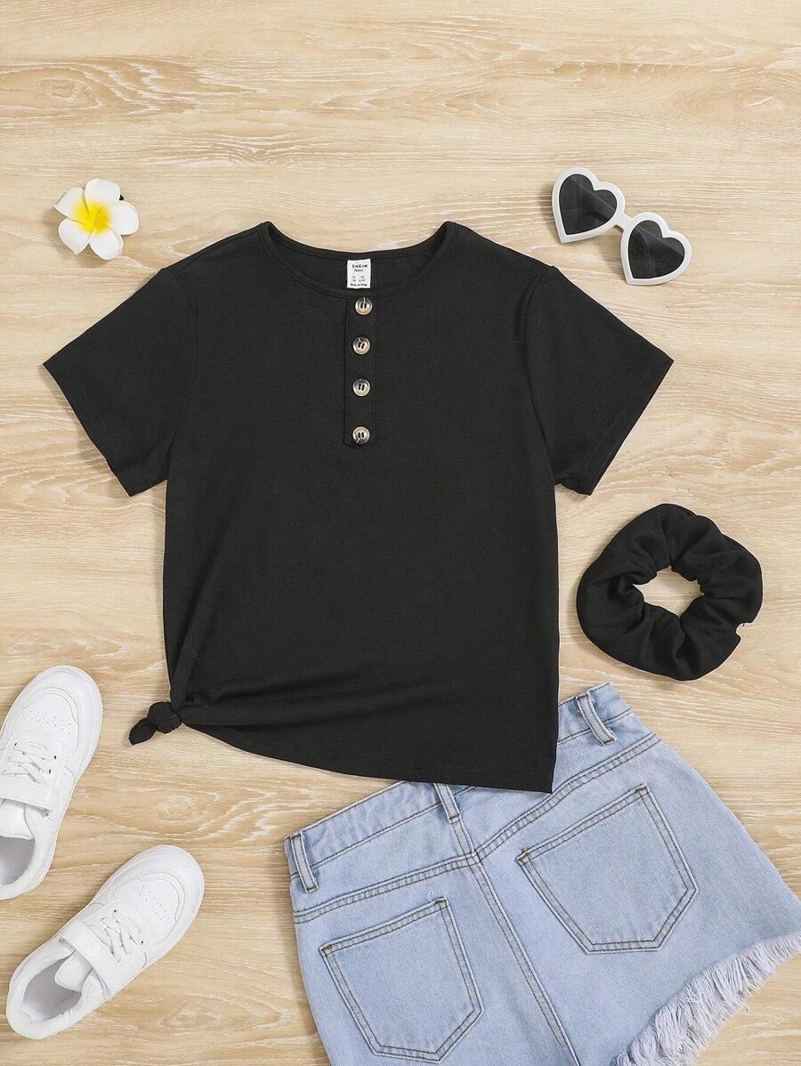 SHEIN Chica adolescente con diseño de botón Camiseta & Coletero