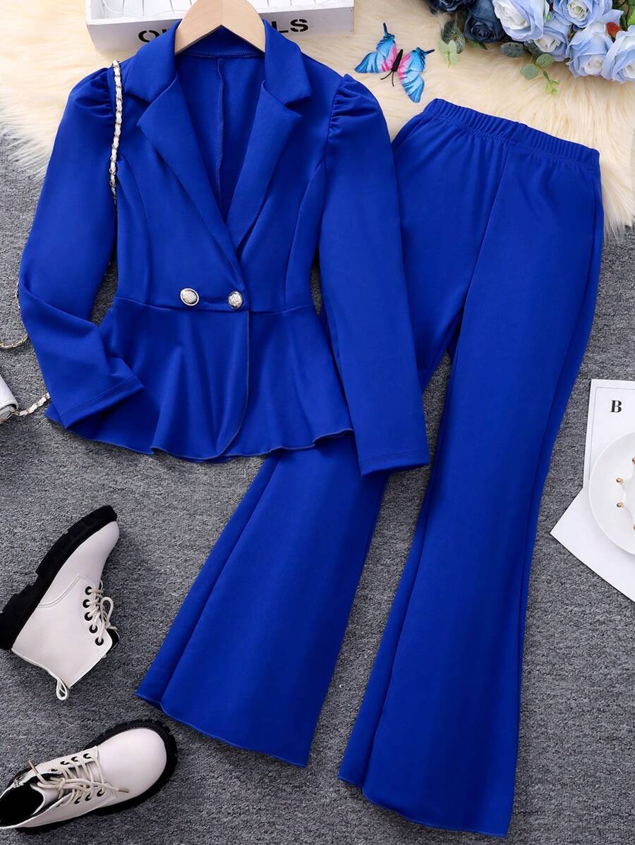SHEIN Tween meisje Pof mouw Dubbele knop Peplum Blazers & Flare broeken