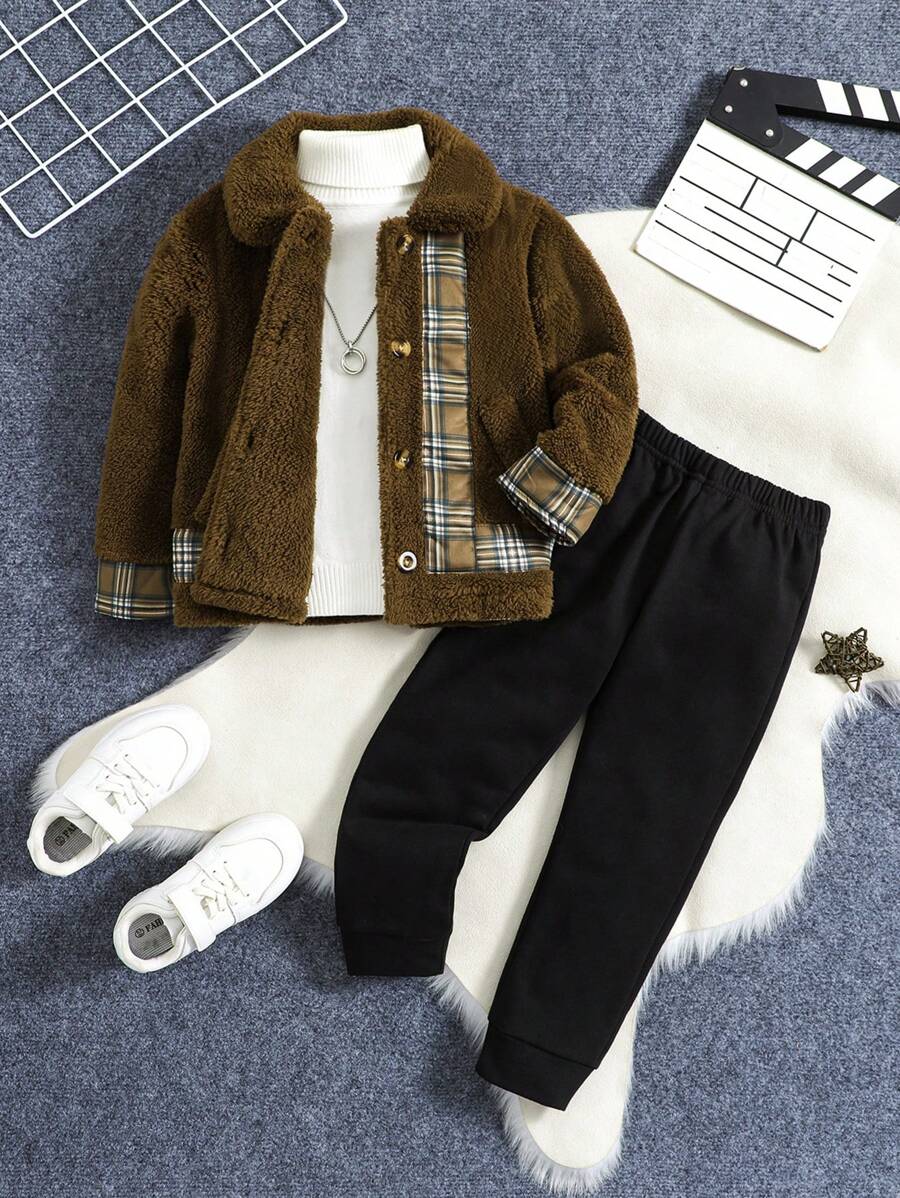 SHEIN Kleiner Junge Teddy Jacke mit Plaid Muster, & Hose ohne Pullover