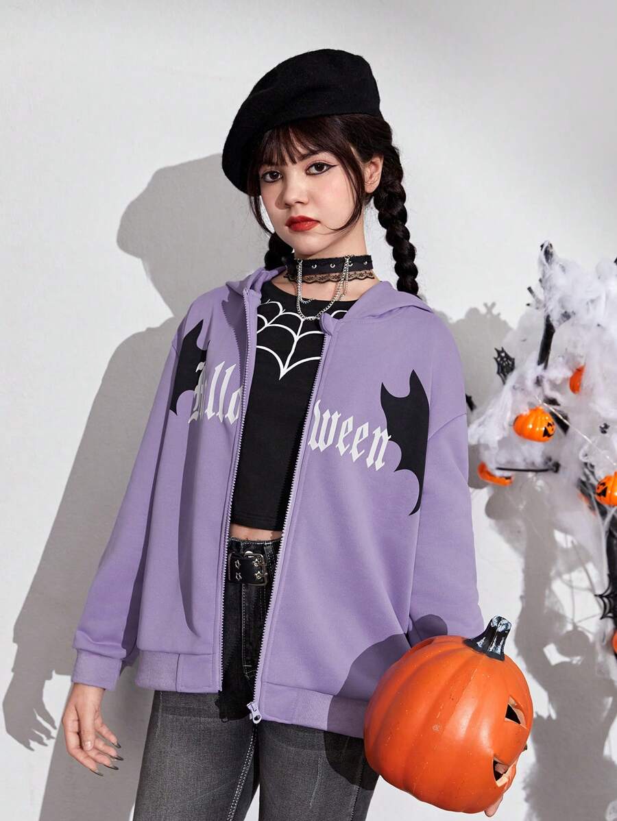 Teen Girls Letter Graphic Zip Up Drop Shoulder Hoodie