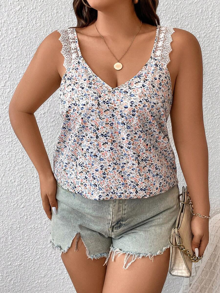 SHEIN Frenchy Plus Ditsy Floral Print Embroidery Mesh Panel Tank Top