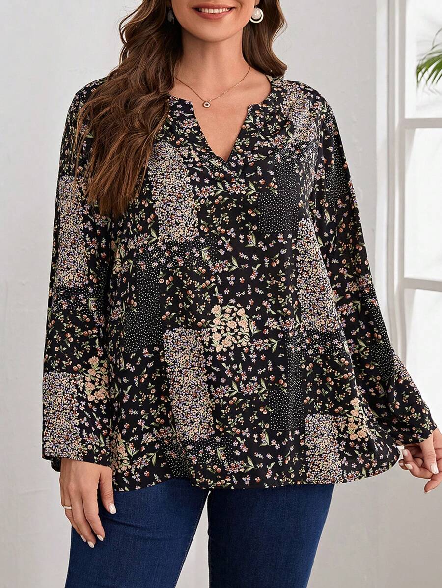 EMERY ROSE Talla grande Blusa con estampado floral de cuello notch