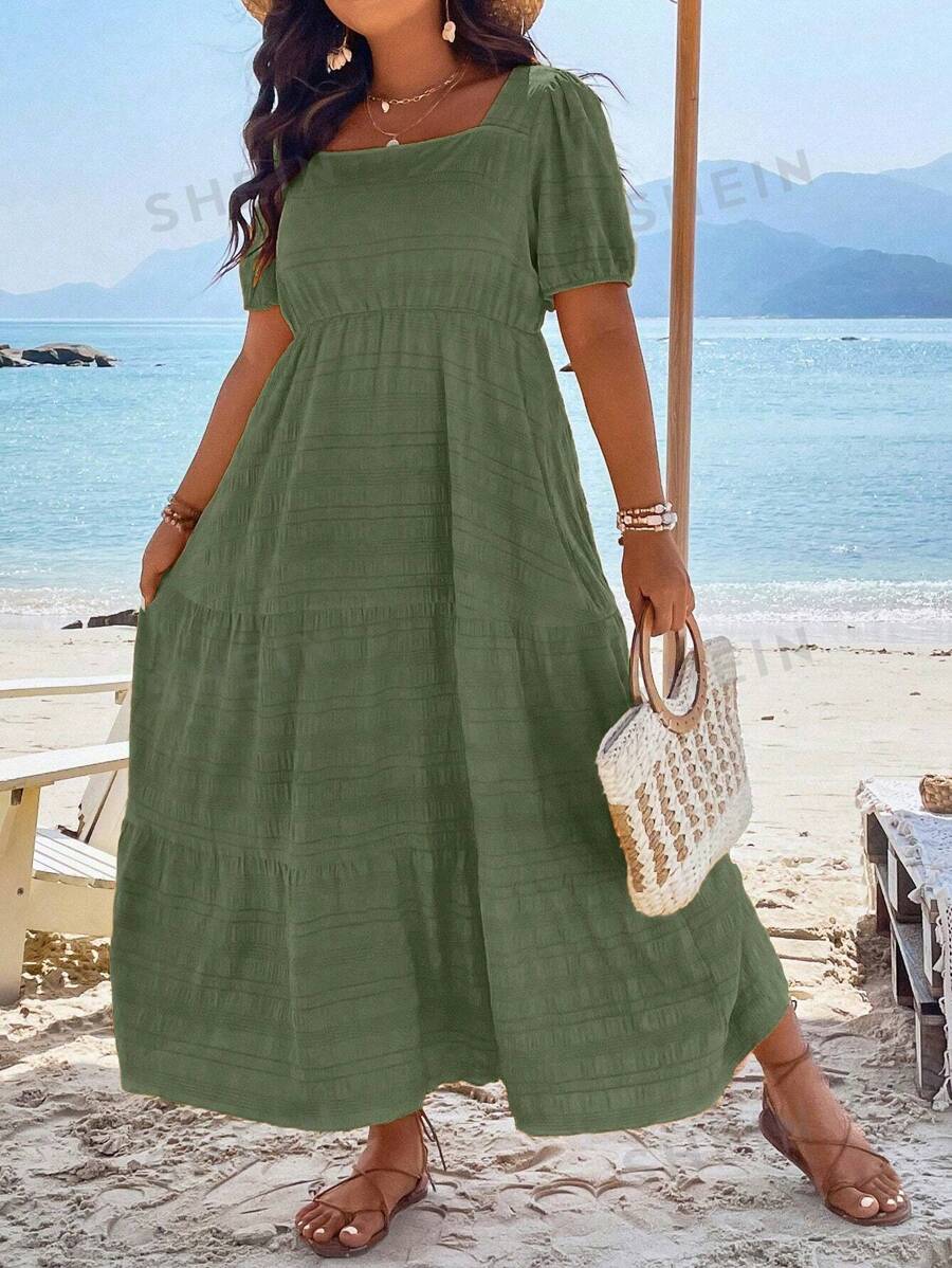 Breezaya Vestido con escote cuadrado, mangas abultadas y dobladillo con volantes para mujer, talla grande