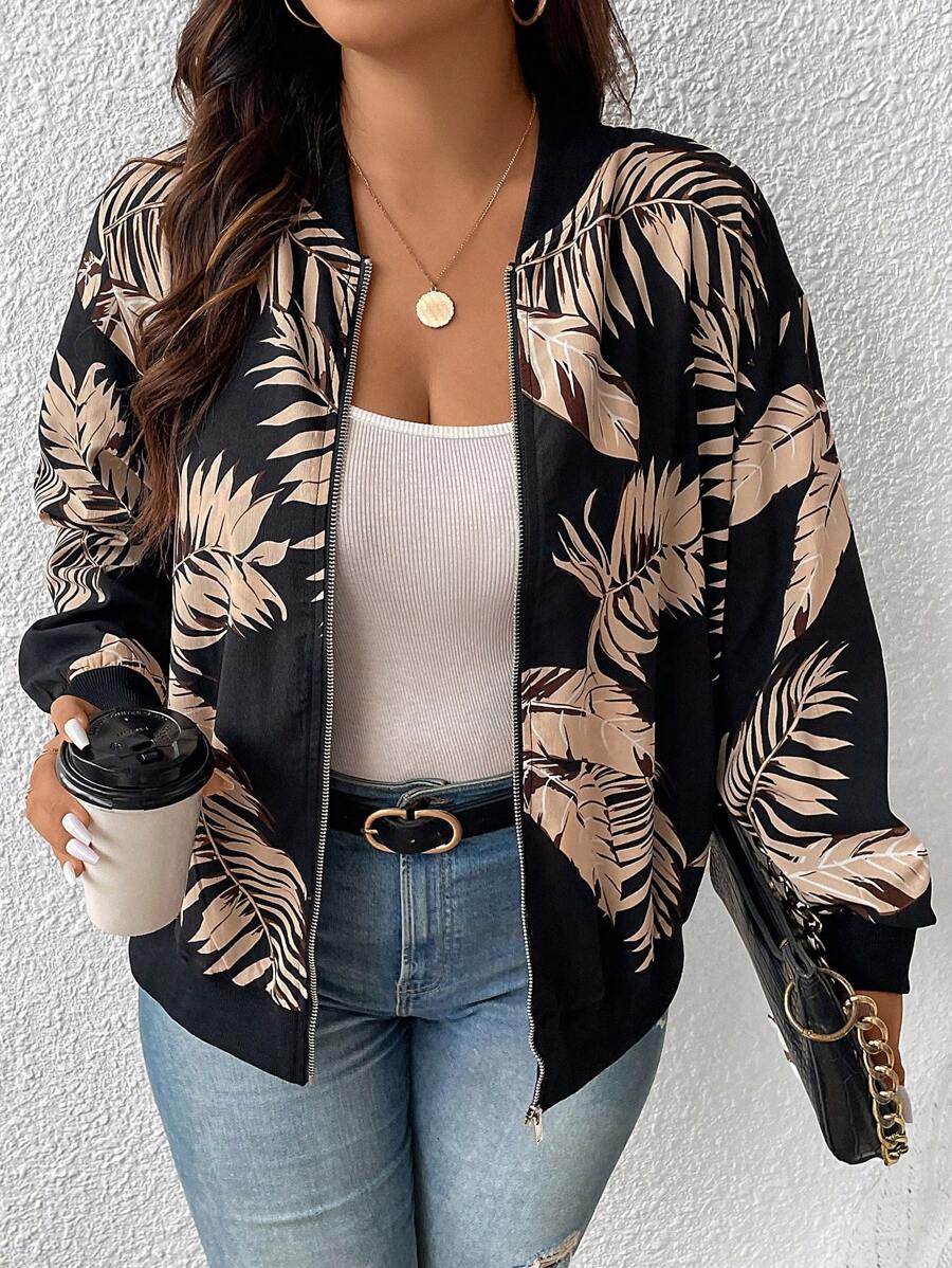 SHEIN Frenchy Bomberjack met lage schouder en tropische print