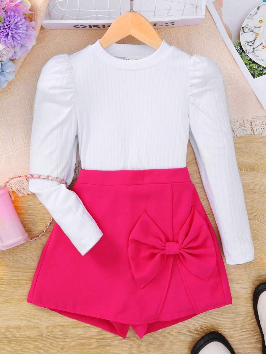 SHEIN Tween Girls Puff Sleeve Tee & Bow Front Skort