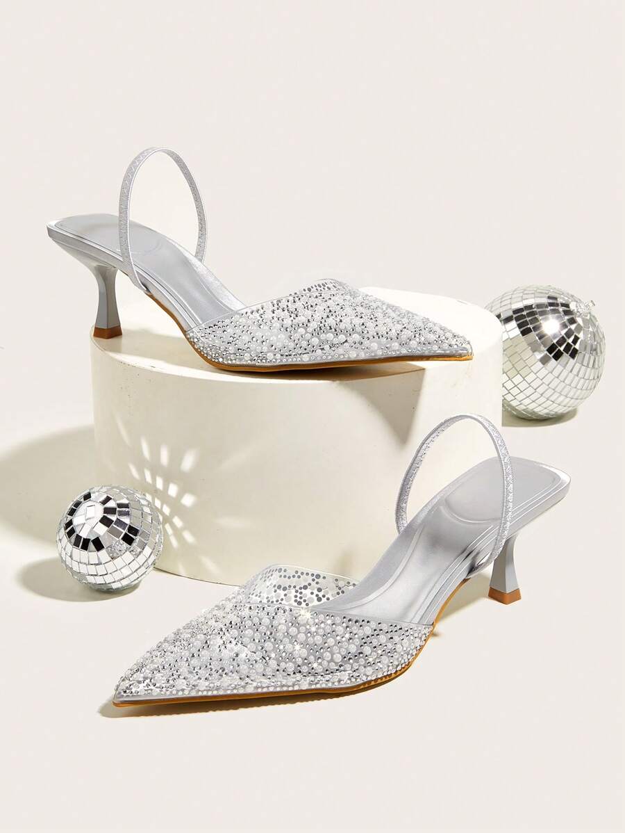 Women's Fashionable Faux Pearl & Rhinestone Decorated High Heel Shoes For Spring/summer, Designed For Outdoor