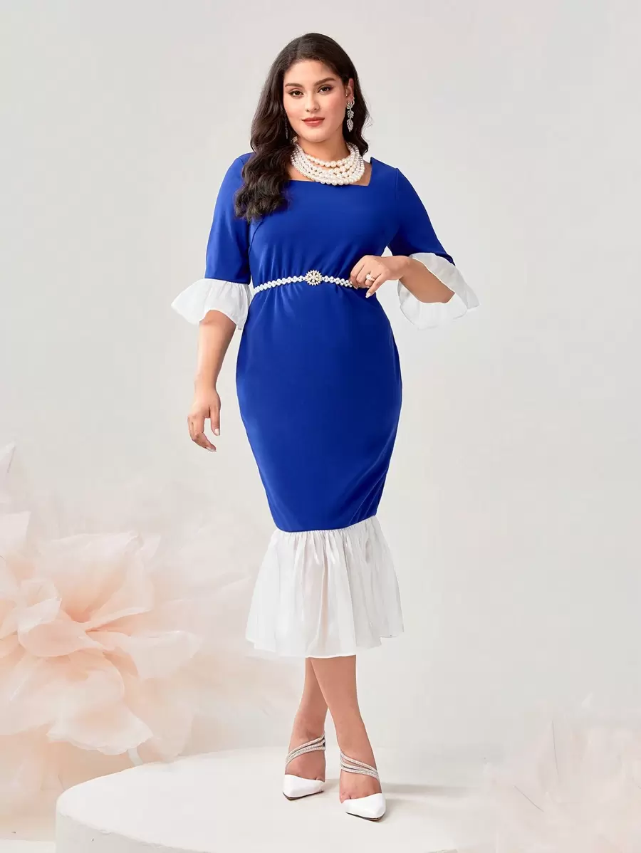 Mulvari Plus Robe À Blocs De Couleurs Manches Évasées Sirène (Sans Ceinture)