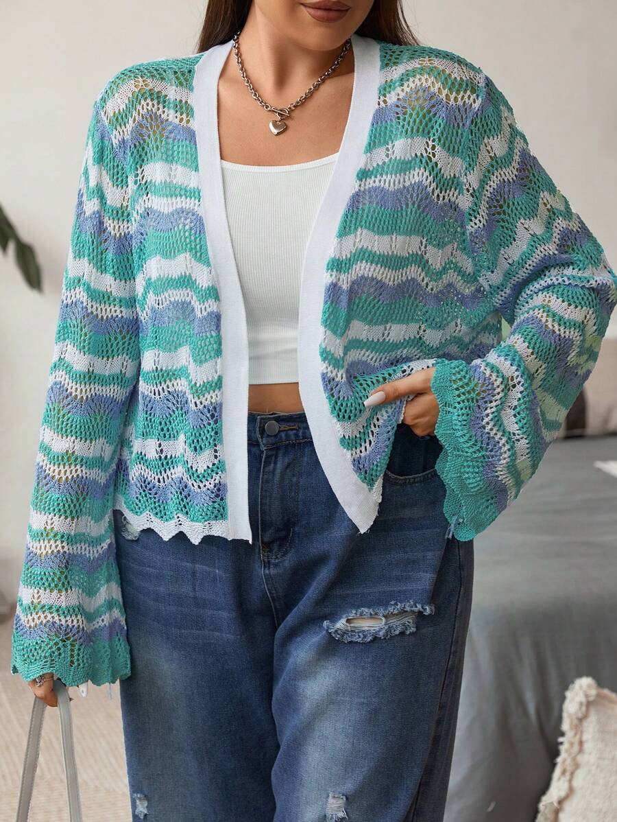 Flirla Plus Allover Chevron Pattern Scallop Trim Cardigan