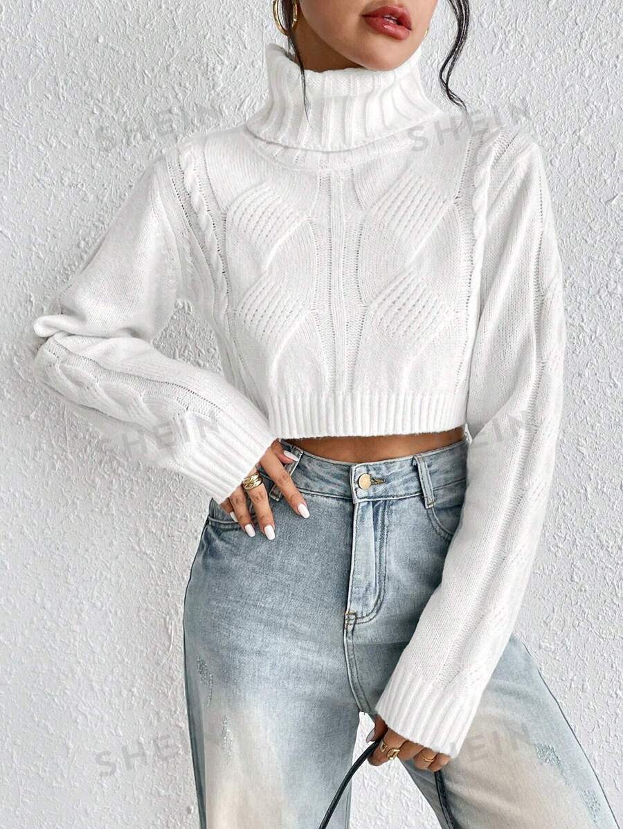 Flirla Jersey crop cuello alto tejido de cable de hombros caídos