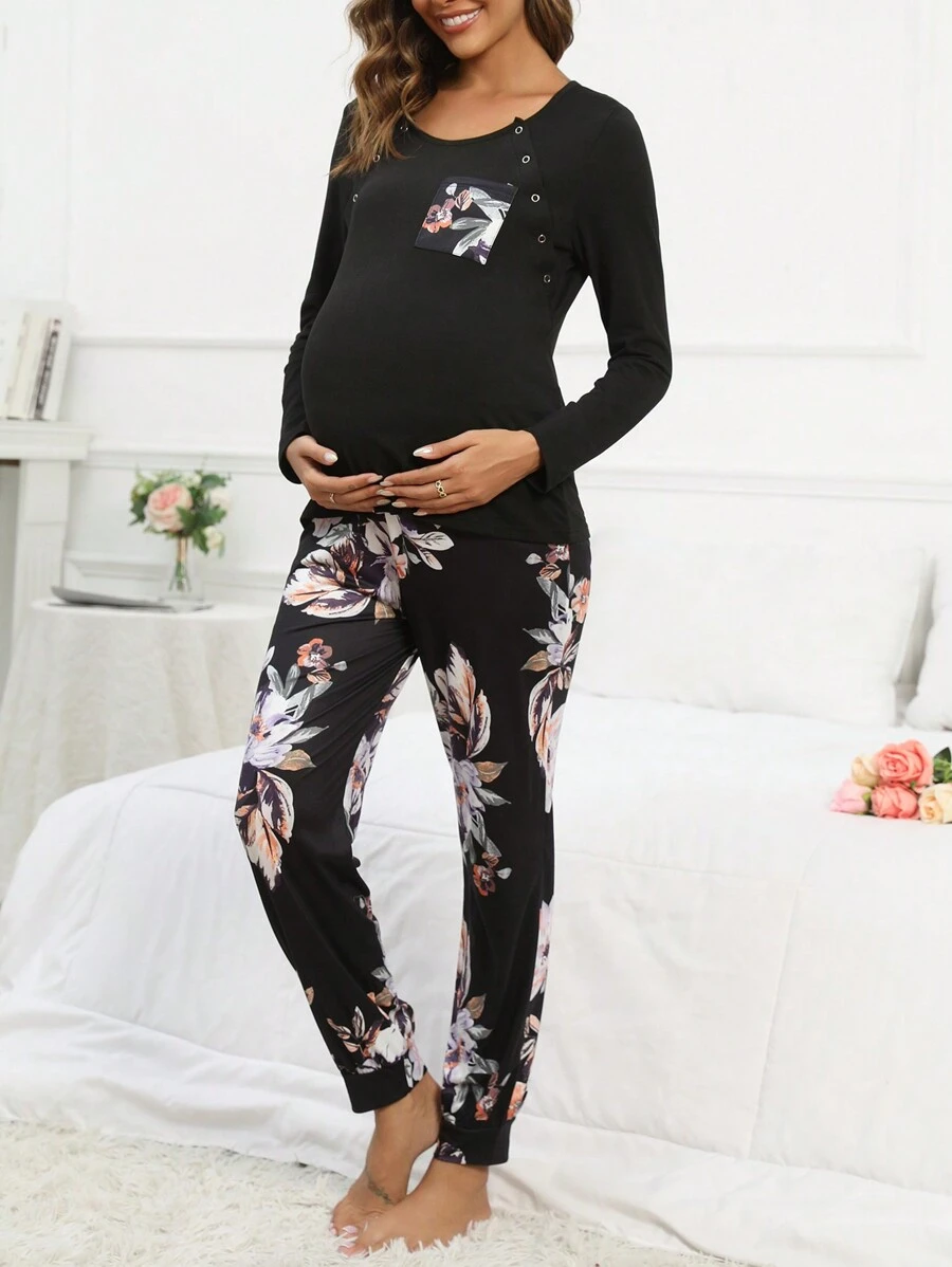 SHEIN Set pigiama/Pigiama per gestanti con stampa floreale e tasche