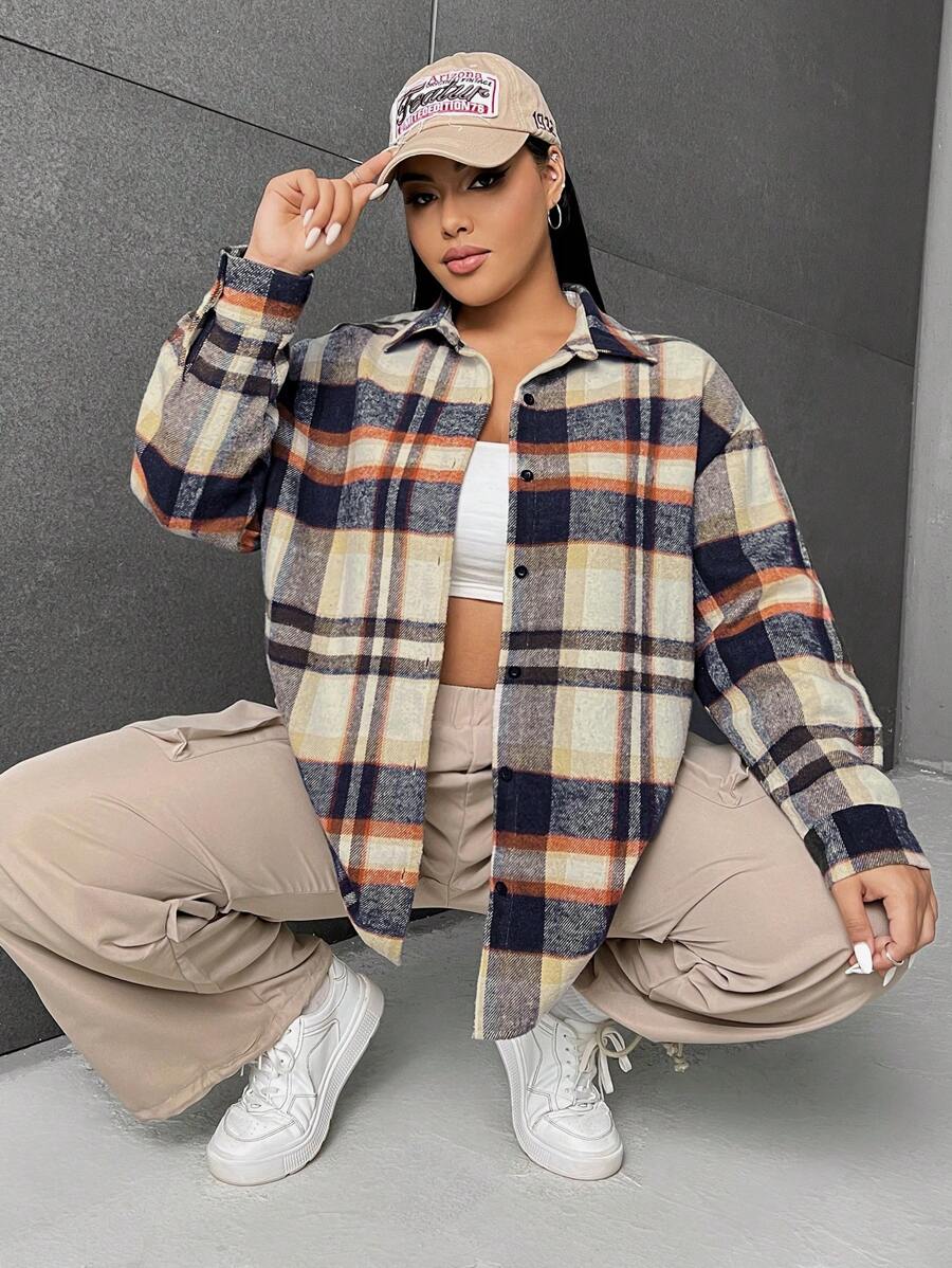 SHEIN EZwear Plus Plaid Print Drop Shoulder Shirt