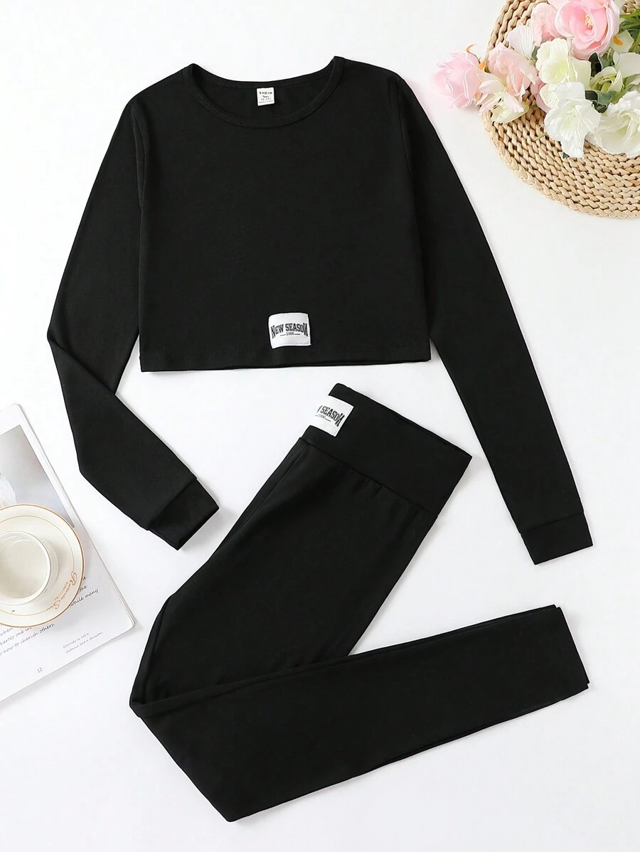 Tween Girl Letter Patched Detail Tee & Pants Snug Fit PJ Set