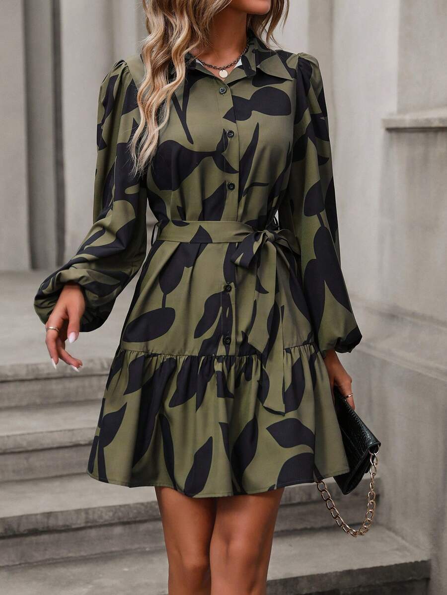 SHEIN LUNE Allover Print Lantern Sleeve Ruffle Hem Belted Shirt Dress