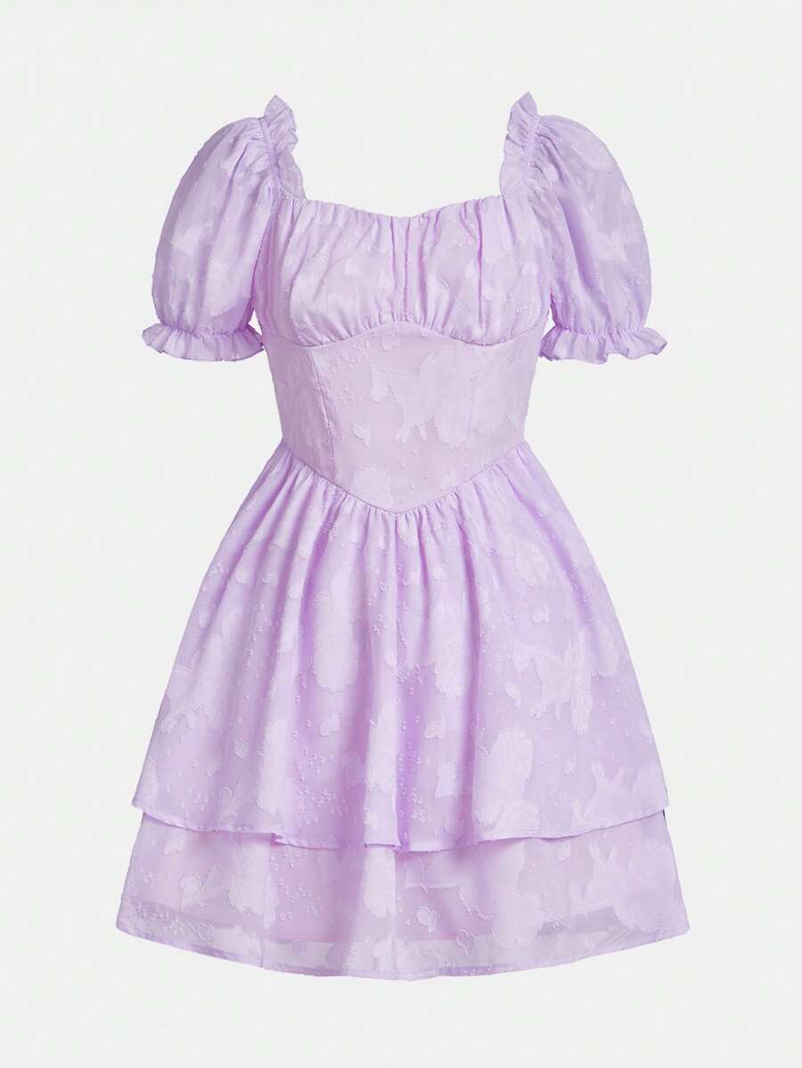 SHEIN Teen Girls Jacquard Ruched Bust Puff Sleeve Dress