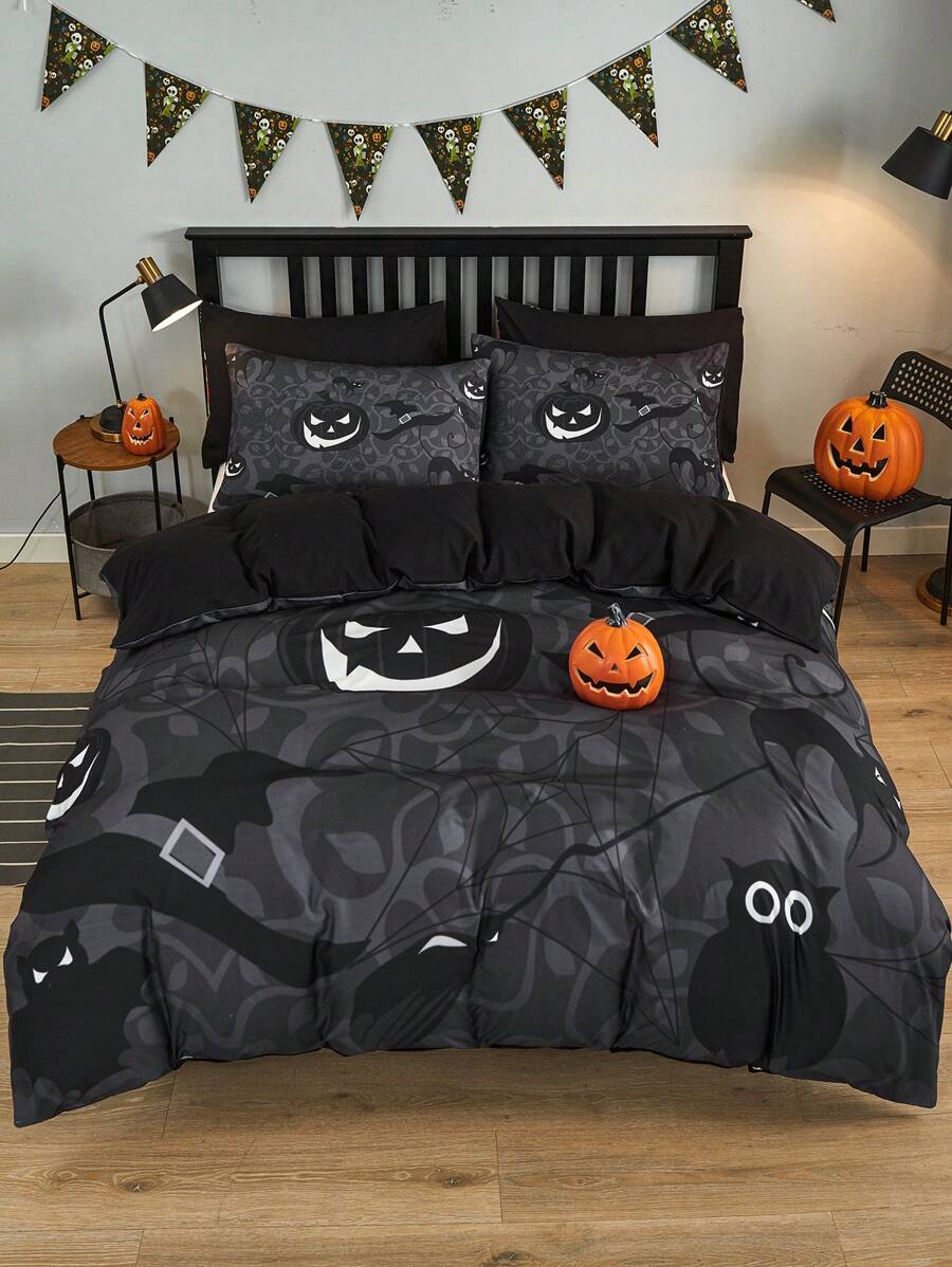 3 pièces Ensemble De Housse De Couette Profond Gris Halloween Chat Astronaute , Citrouille , Motif Chauve-Souris Imprimé En Polyester