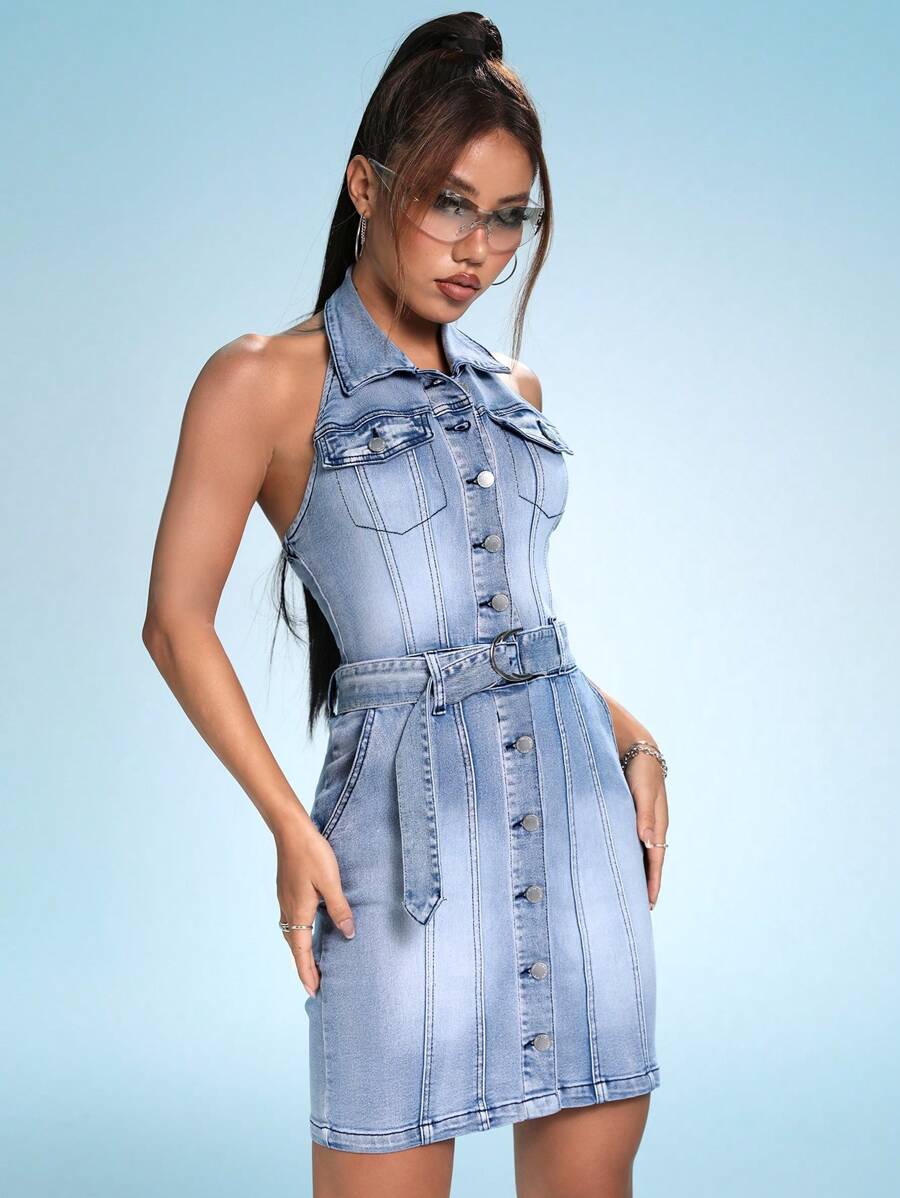 SHEIN ICON Flap Pocket Backless Belted Halter Denim Dress