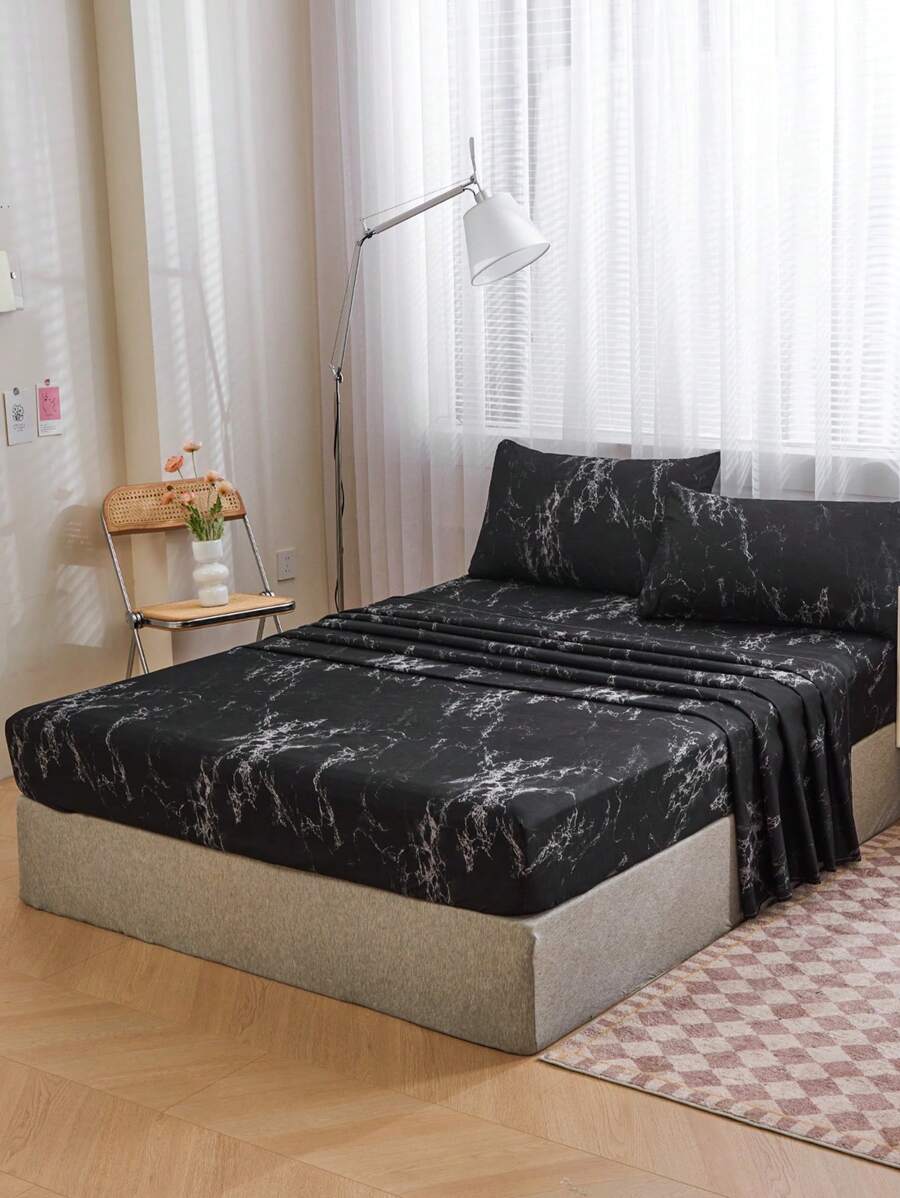 4Pcs Black Marble Pattern Sheet Set Bedding Set, 1pc Fitted Sheet & 1pc Flat Sheet& 2pcs Pillowcase Bedding Mattress Protector Set (Not Including Pillow Core)Luxury Fitted Sheet Set King Queen Full TWIN SIZE Sheet Deep Pocket Up To 11.8 Inch Pillowcase, Soft Breathable Wrinkle-Free Better For Sleep, Luxury Hotel Style, Gift For Mom Dad Friend