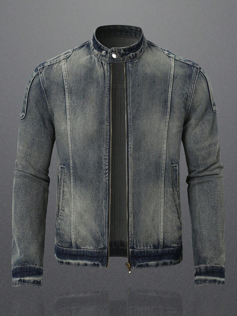 Manfinity Homme Chaqueta Vaquera Con Cremallera Para Hombre, Rapero Grunge De Fiesta Azul Liso De Oscuro