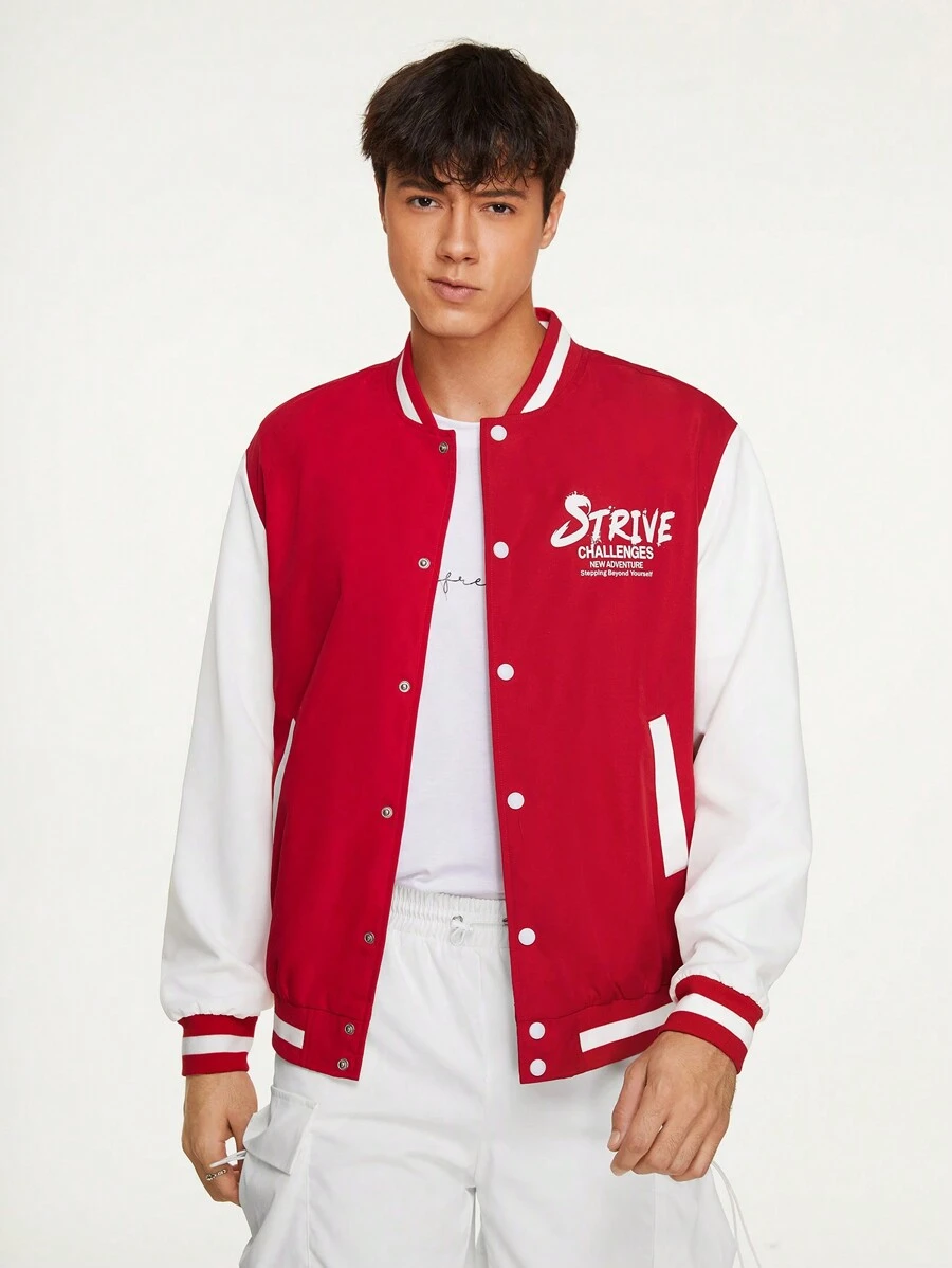Manfinity VCAY Chaqueta Universitaria Extragrande Para Hombre Con Bloque De Colores Y Detalles Gráficos Con Letras Y Rayas
