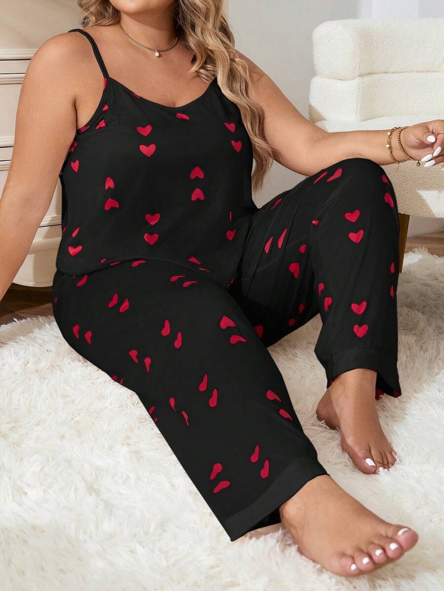 Conjunto de pijama con camisa de tirantes y pantalones estampado de corazón talla grande