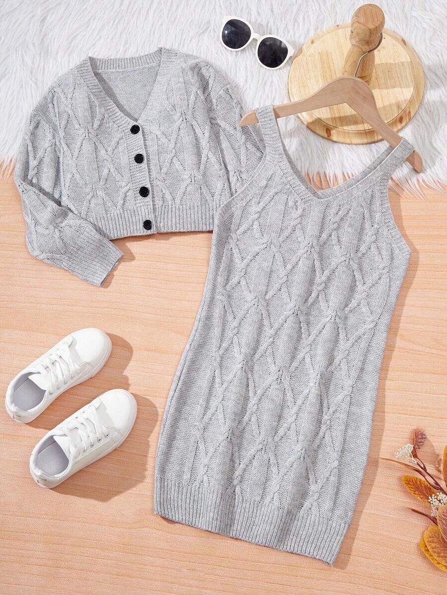 SHEIN Chica preadolescente Vestido de punto tejido de cable & Cárdigan