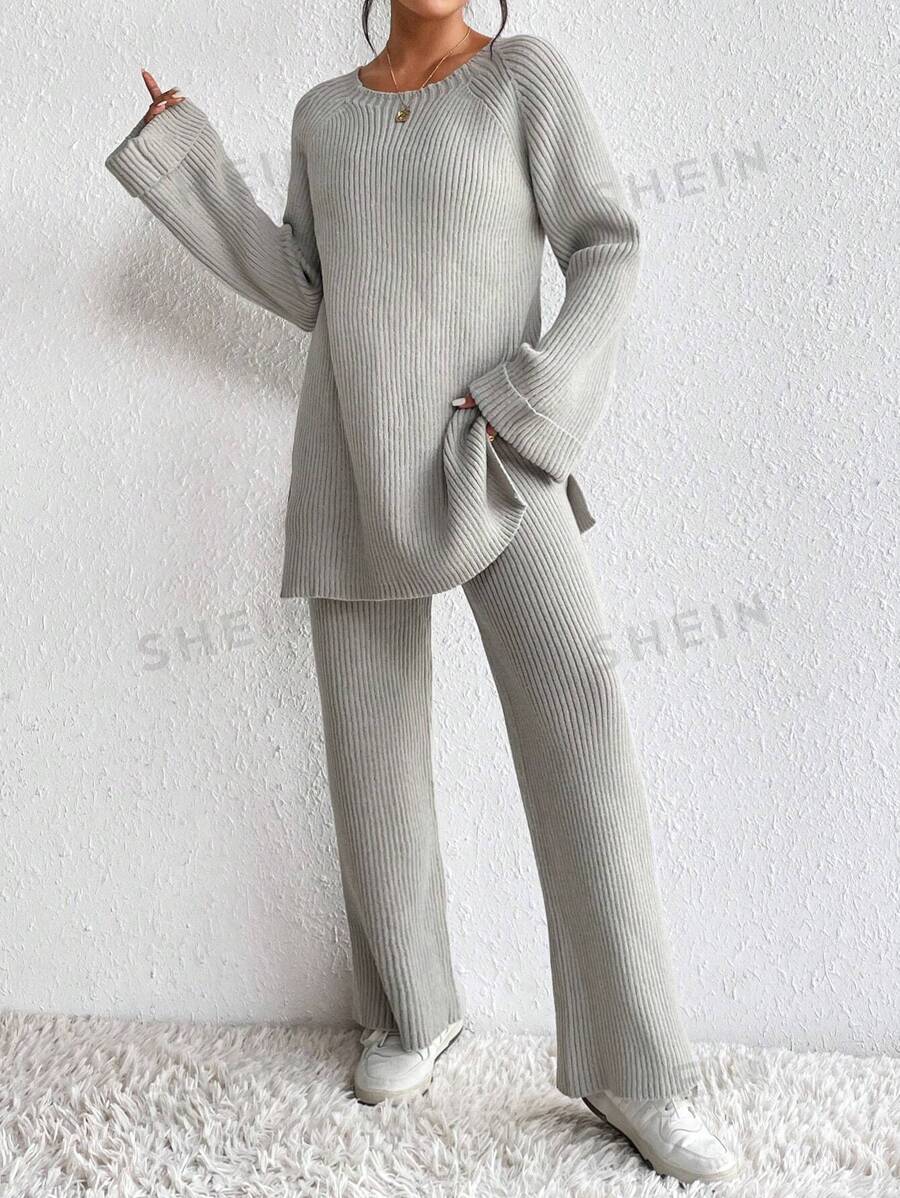 SHEIN LUNE Jersey de manga raglán bajo con abertura con pantalones tejidos