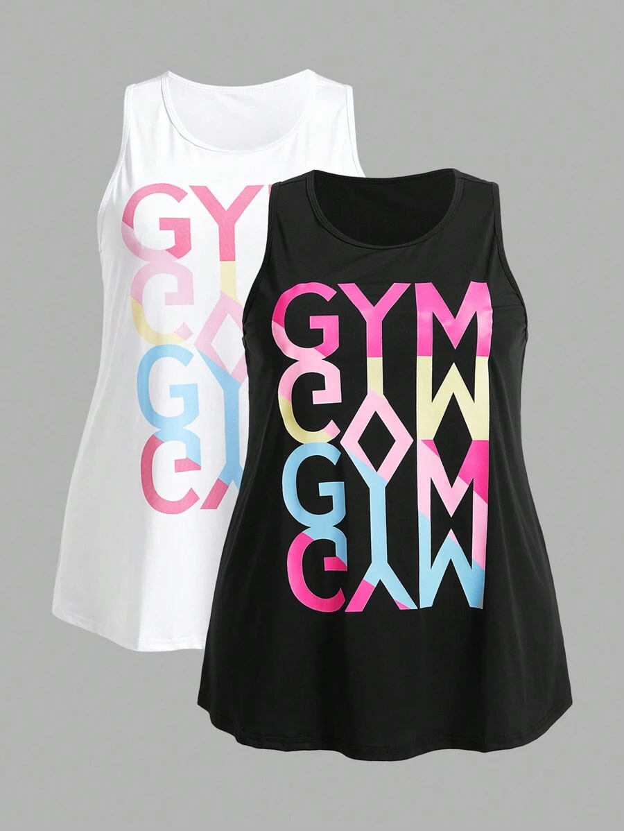 SHEIN Sport Studio Plus Size 2pcs Letter Graphic Sports Tank Top Tank Top Set