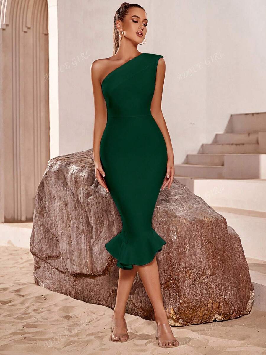 ADYCE One Shoulder Fishtail Hem Elegant Cocktail Party Bodycon Bandage Dress, White Prom Semi Formal Dress,For Birthday,Wedding Guest, Dinner,Homecoming Easter Dress Summer,Graduation Dress